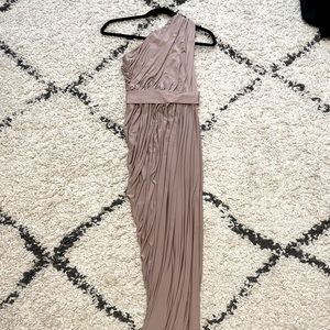 One shoulder taupe bridesmaid dress